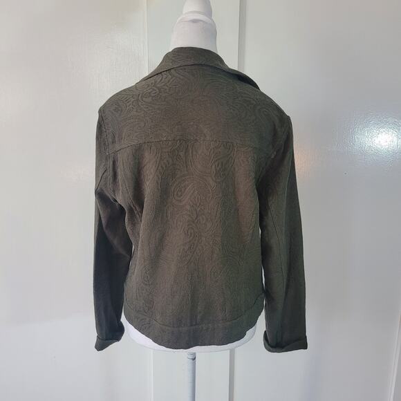 Chico's Size 1 US M Scroll Embossed Pattern Open Front Blazer Jacket Olive Green - Picture 4 of 10